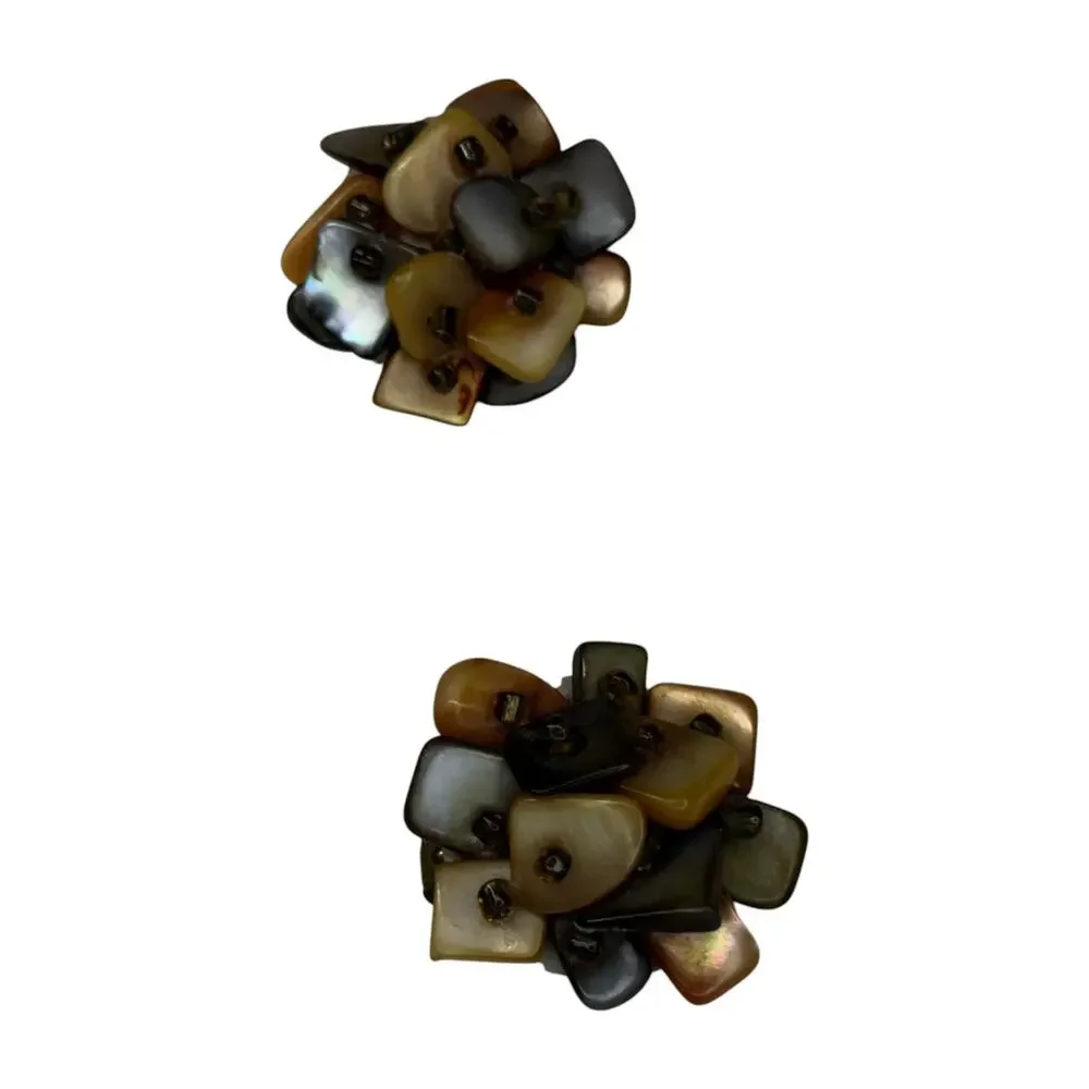 Vintage Japan Mother of Pearl Cluster Clip On Earrings Shell Tile - Picture 6 of 6